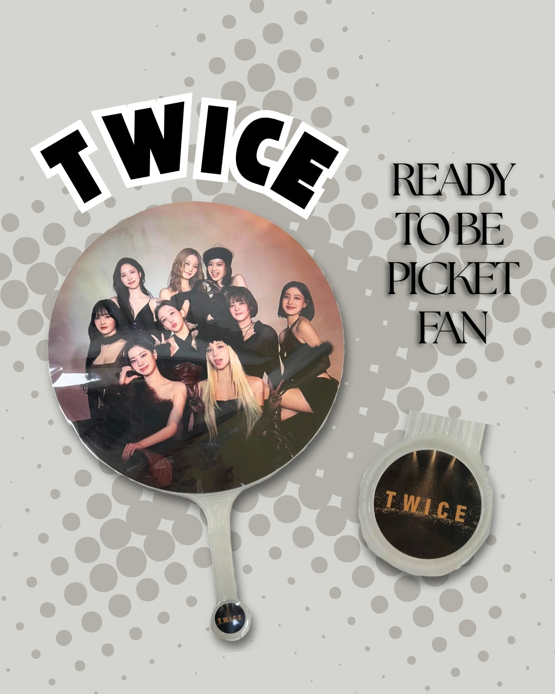 Handheld concert decorative picket with k-pop group 'TWICE' design on a gray background