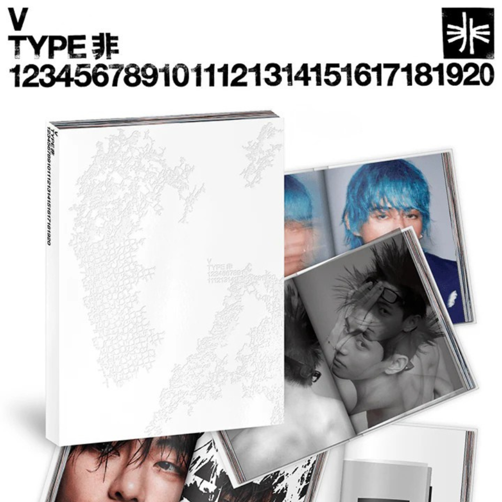 Product packaging with images of Taehyung (V) from BTS and text on a white background