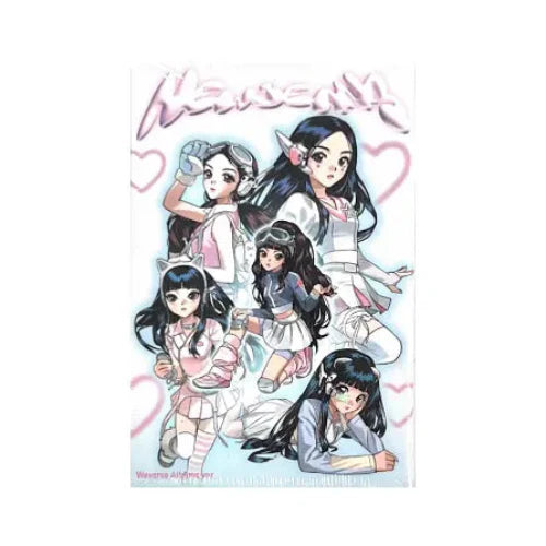 K-pop girl group New Jeans Weverse album Get Up featuring cartoon versions of the members on a light pink and blue background