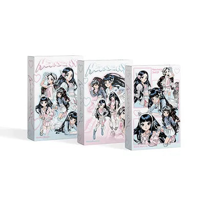 K-pop girl group New Jeans Weverse album Get Up featuring cartoon versions of the members on a light pink and blue background