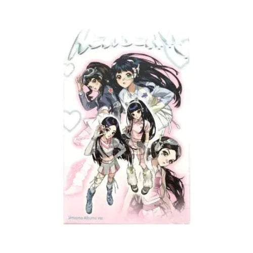 K-pop girl group New Jeans Weverse album Get Up featuring cartoon versions of the members on a light pink and blue background