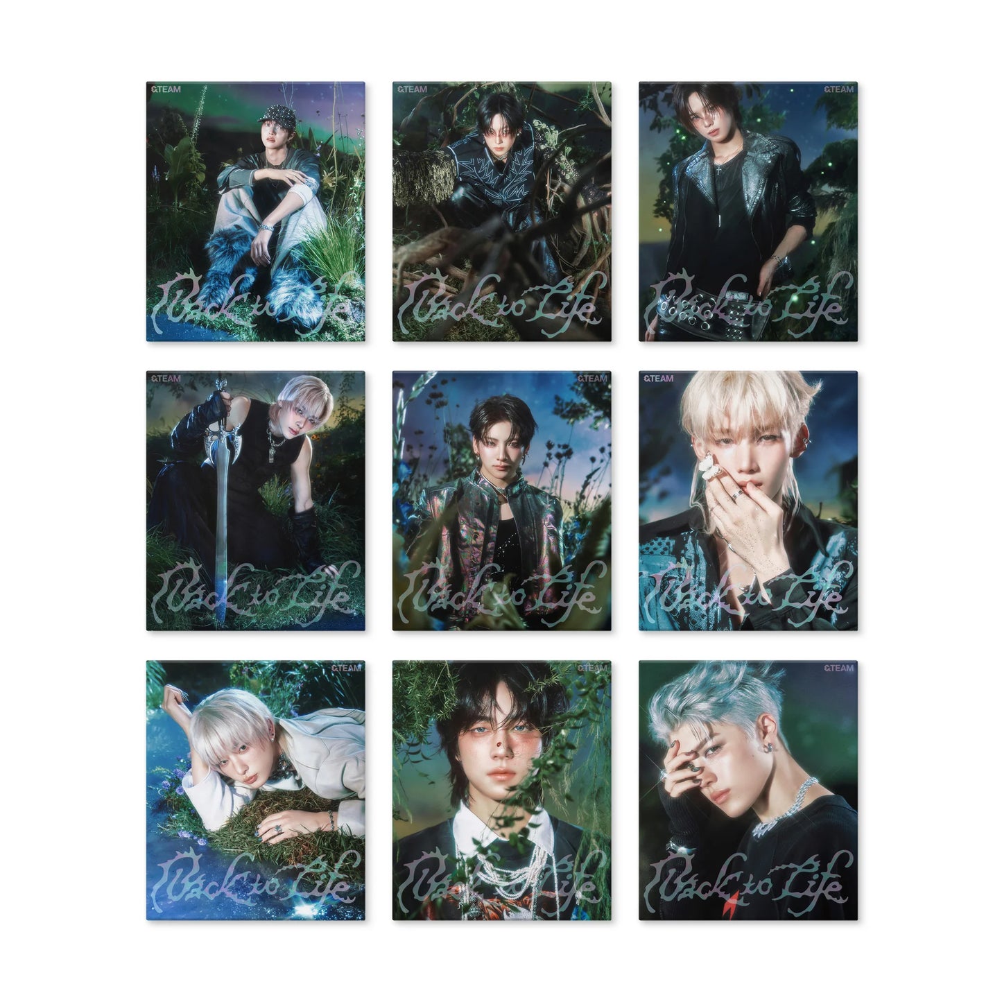 Set of nine j-pop and k-pop boy group &Team member albums featuring individuals with 'Back to Life' text in various poses.