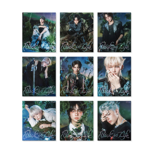 Set of nine j-pop and k-pop boy group &Team member albums featuring individuals with 'Back to Life' text in various poses.