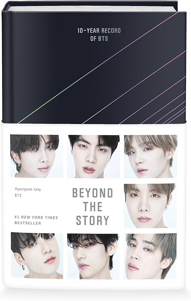 Book titled '10-Year Record of BTS' with images of BTS members on a white background