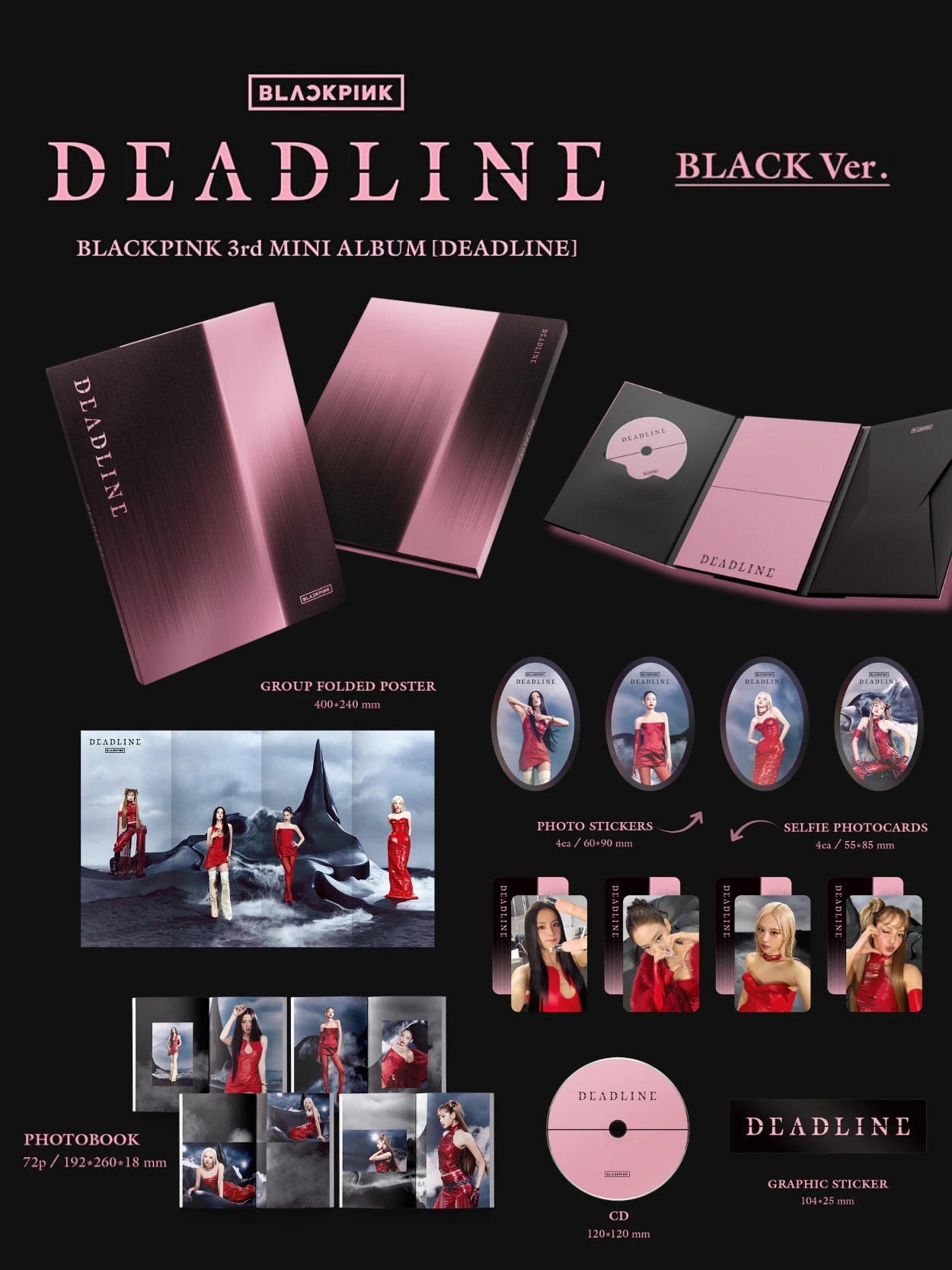 Blackpink 3rd mini album 'Deadline' packaging with various items on a black background