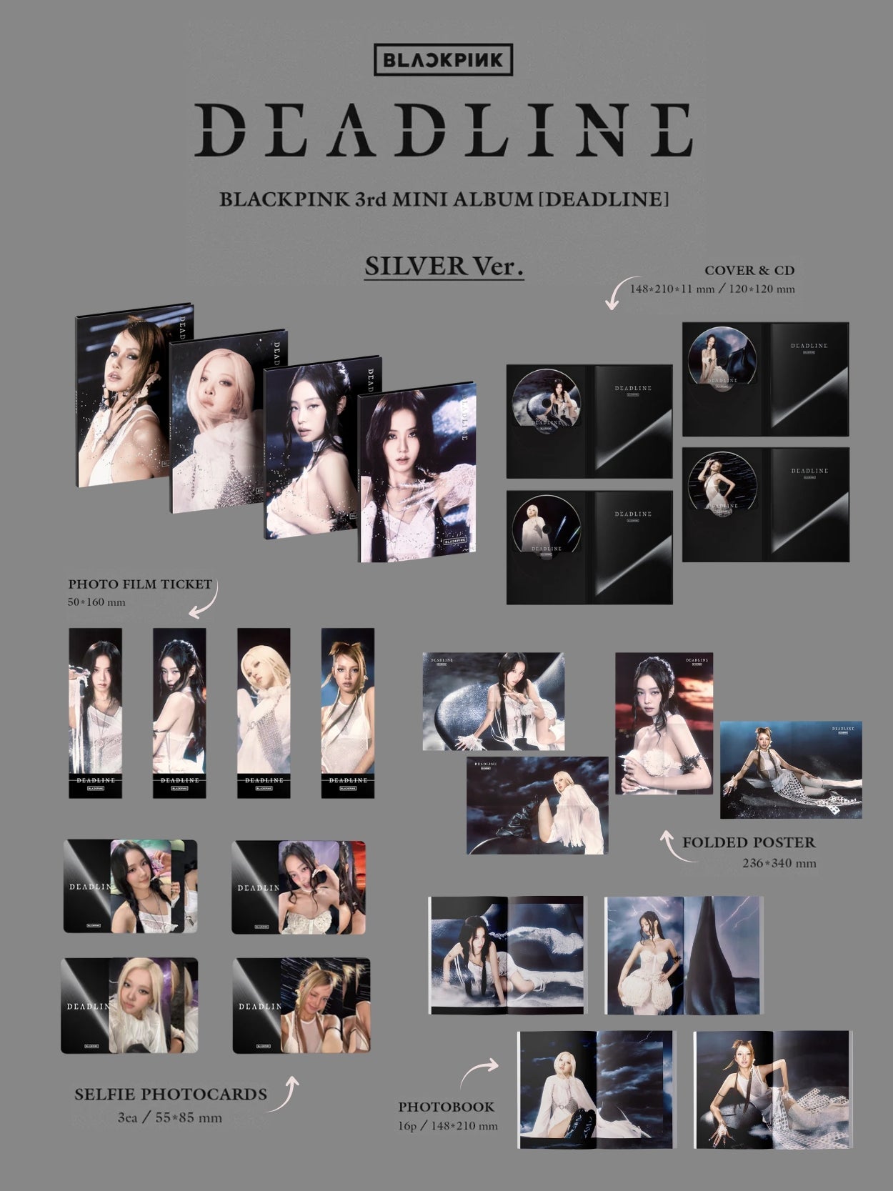 Blackpink 3rd mini album 'Deadline' packaging with various items and images on a gray background