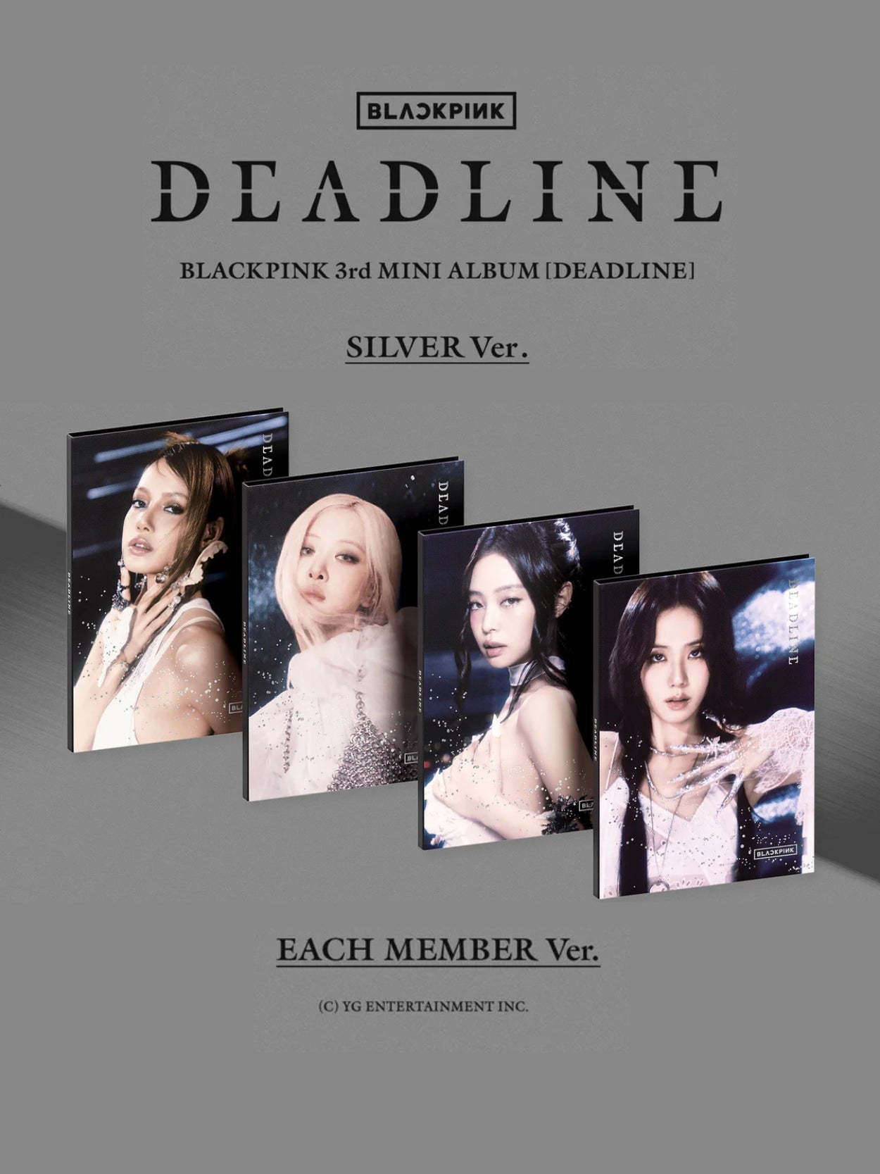 Blackpink 3rd mini album 'Deadline' packaging with four different member versions on a gray background.