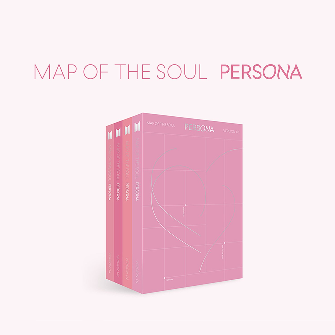 Image of the product titled 'MAP OF THE SOUL: PERSONA', showing three pink albums with different versions (1, 2, 3, 4) of the album.
