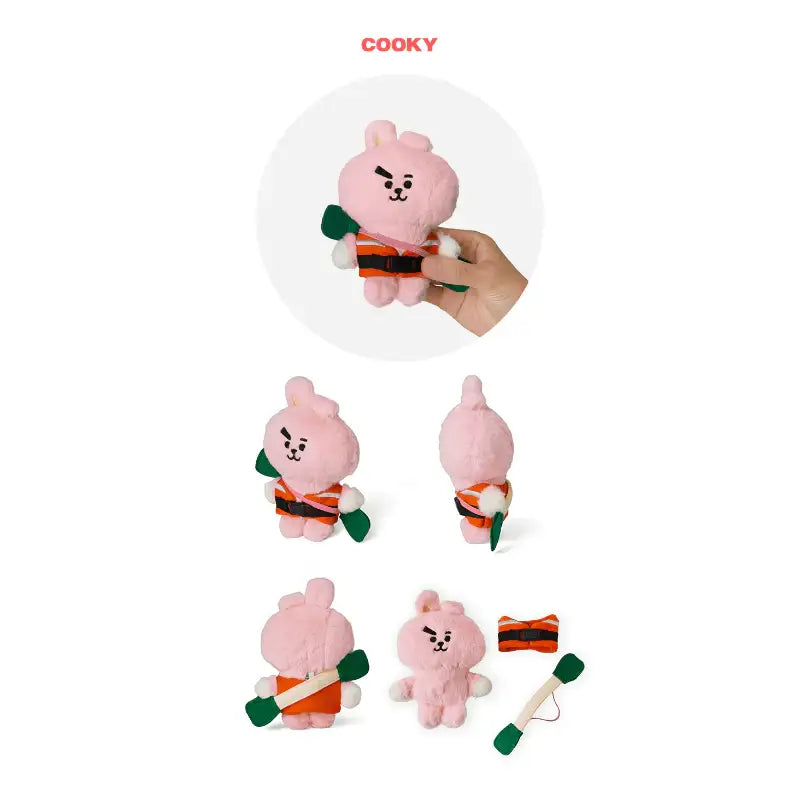 Pink BTS BT21 Cooky plush toy with kayak row from all angles on a white background