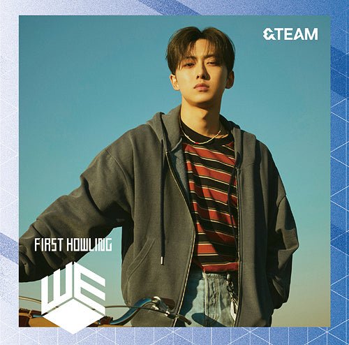 &Team member Fumawearing a gray hoodie over a striped shirt with a blue background for First Howling album CD