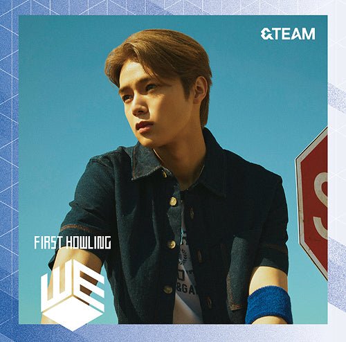 &Team member K wearing a dark denim jacket with a blue background for the First Howling album CD.