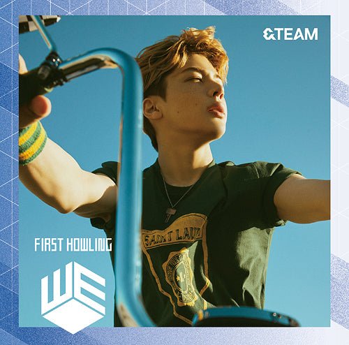 &Team member Maki wearing a green shirt with a logo, holding onto a blue railing against a clear blue sky for First Howling album CD