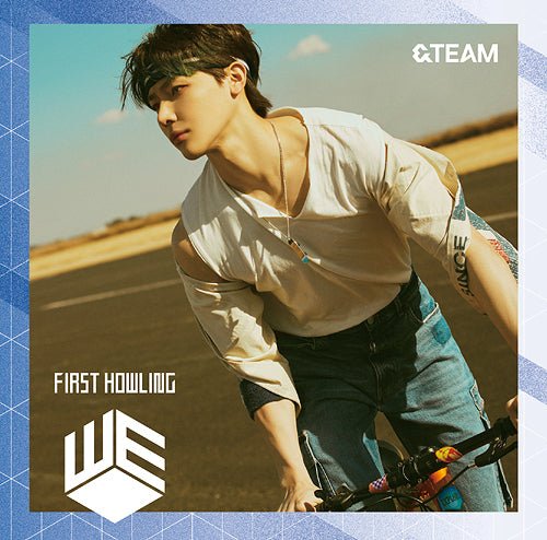 &Team member Nicholas on a bicycle with 'First Howling' album text on a blue border