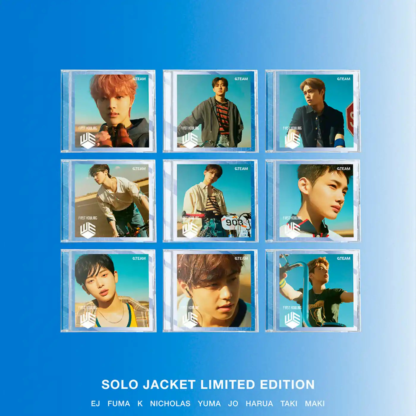 Grid of First Howling album cover CD's with nine &Team member portraits on a blue background, labeled 'Solo Jacket Limited Edition'.