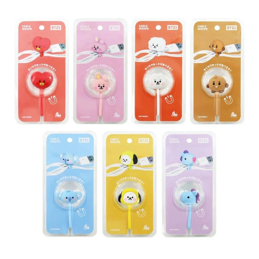Set of eight colorful packages for charging cable wraps and ties with BTS BT21 cartoon character designs on a white background