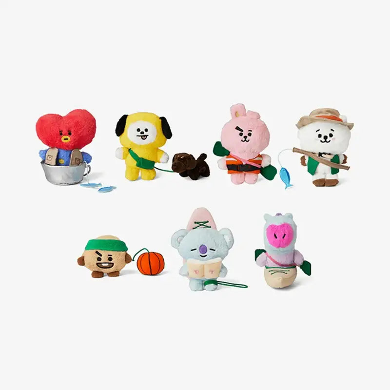 Set of colorful BTS BT21 camping themed plush toys on a white background