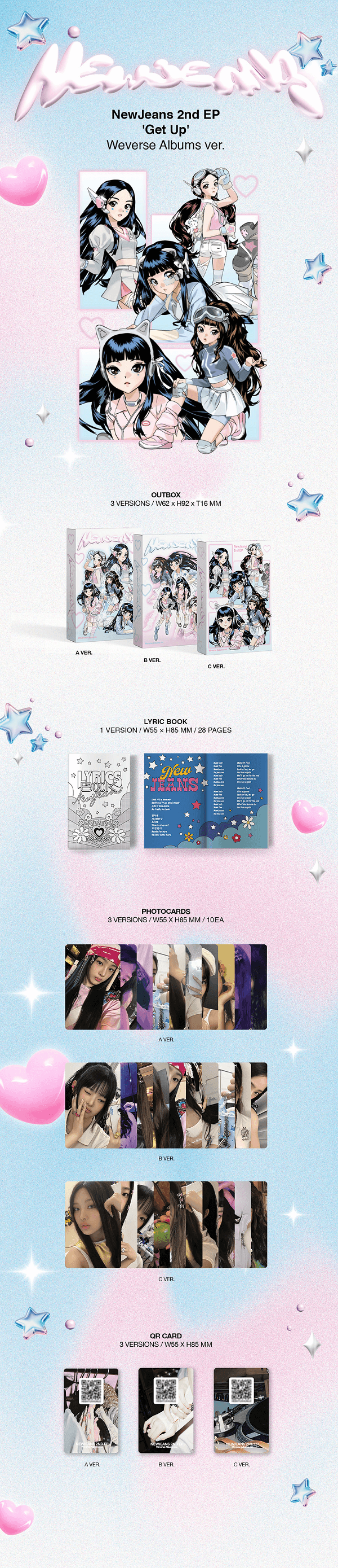 Promotional image for a K-pop girl group New Jeans with album covers and member photos on a pink and white background.