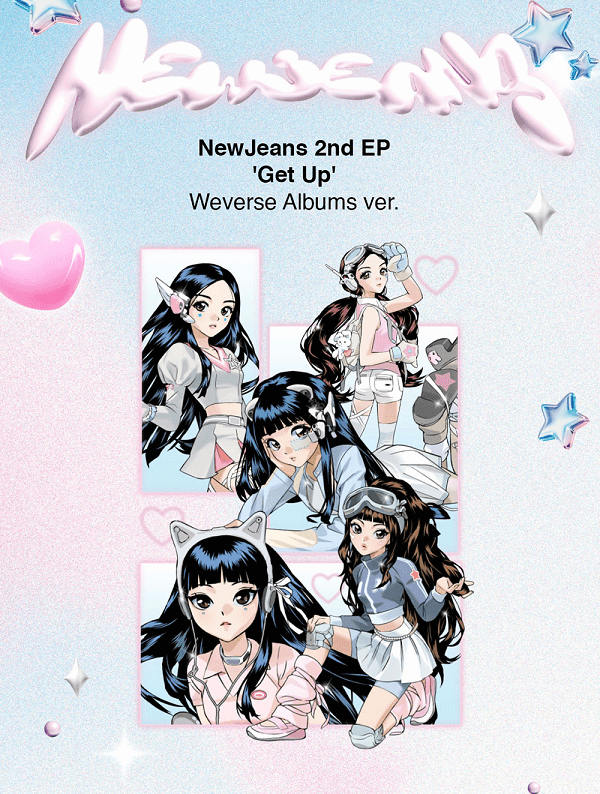 Promotional image for a K-pop girl group New Jeans with album covers and cartoon member photos on a pink and white background.