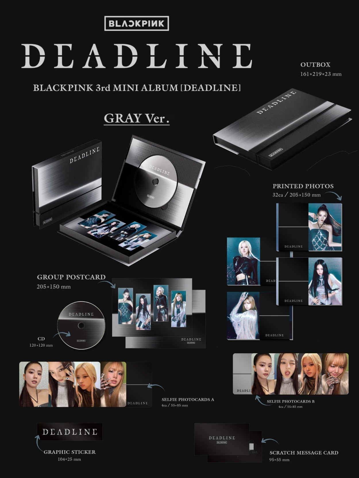 Blackpink 3rd Mini Album 'Deadline' packaging with product details on a black background