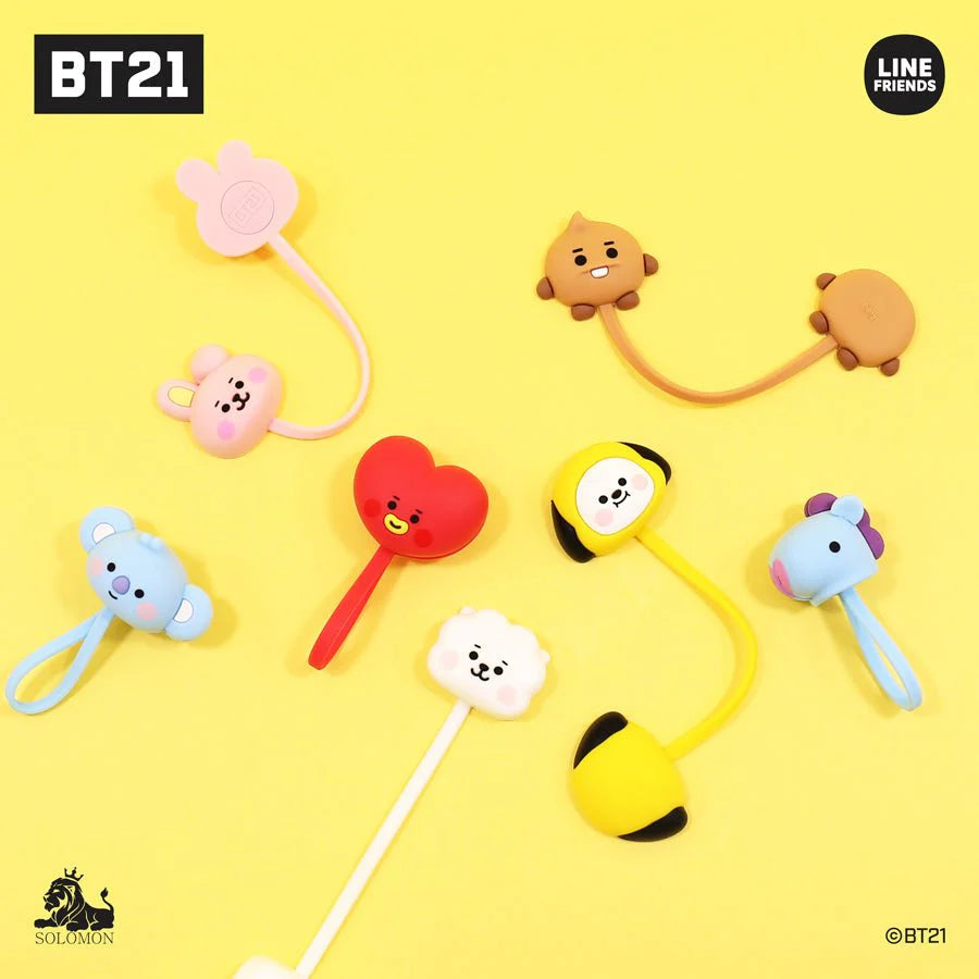 BTS BT21 character phone charger ties and wraps on a yellow background