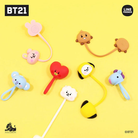 BTS BT21 character phone charger ties and wraps on a yellow background