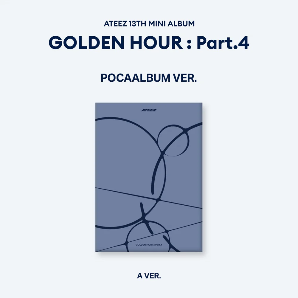 Album cover for ATEEZ 13th mini album 'Golden Hour: Part.4' with abstract design on a light blue background