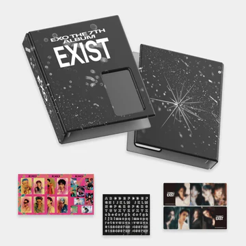 An image showing a memory collect book with the text 'EXIST' on its cover, along with various photo stickers and a photocard from the EXO 7TH ALBUM.