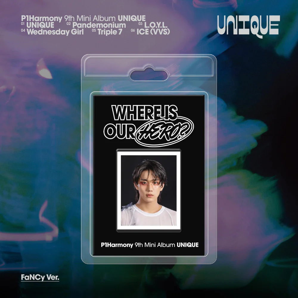 Album packaging for P1Harmony 9th Mini Album UNIQUE Intak keychain with a colorful gradient background.