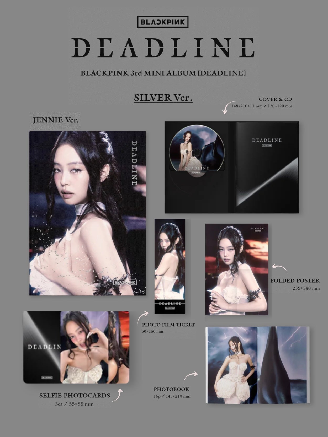 Blackpink 3rd mini album 'Deadline' packaging with various items on a gray background for member Jennie