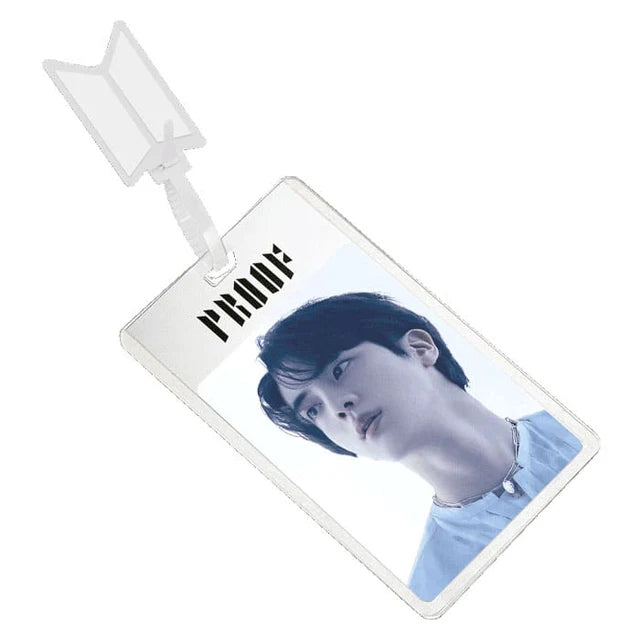 Card holder with a BTS Jin portrait and 'PROOF' text on a white background