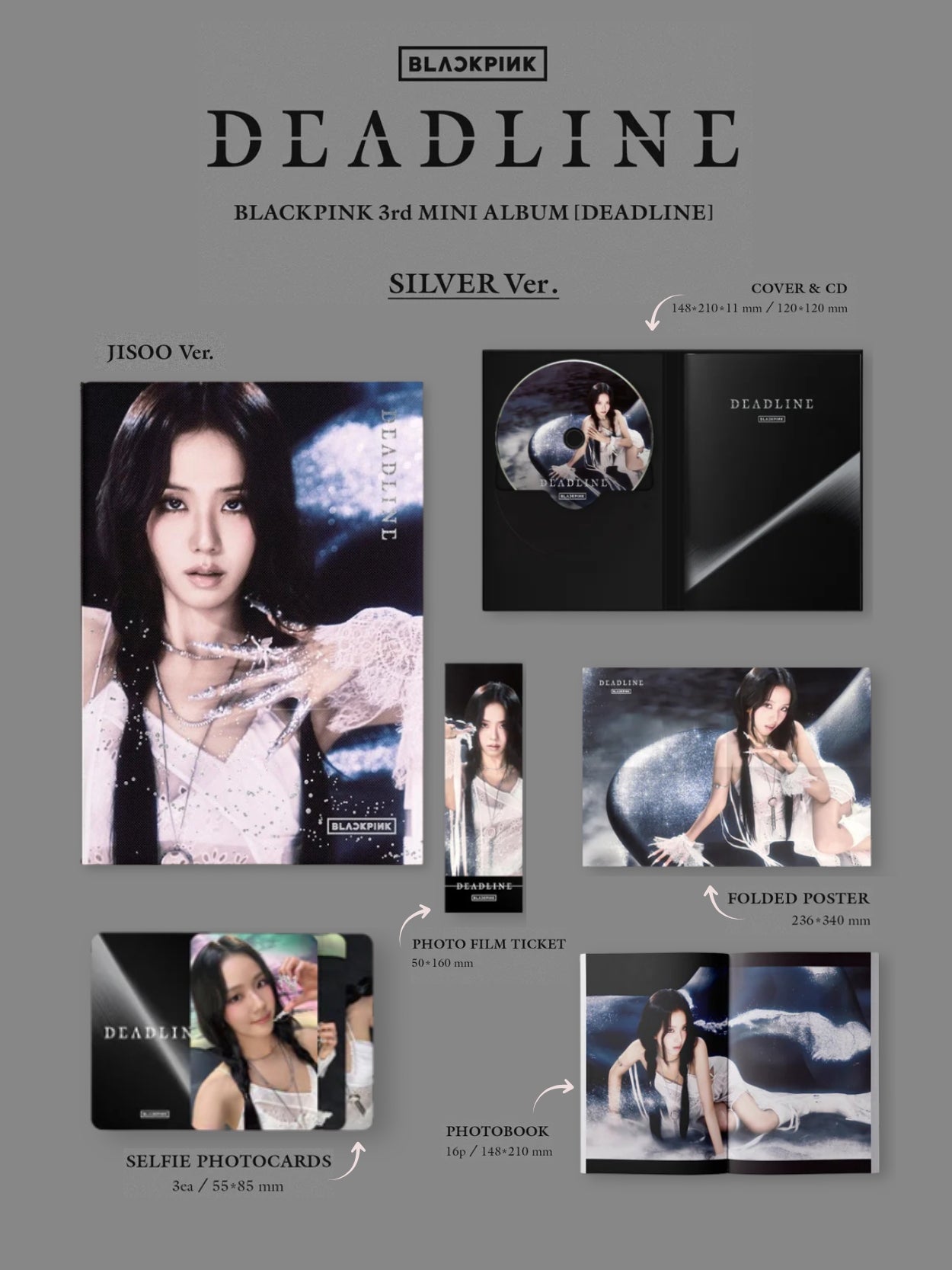Blackpink 3rd mini album 'Deadline' packaging with various items on a gray background for member Jisoo