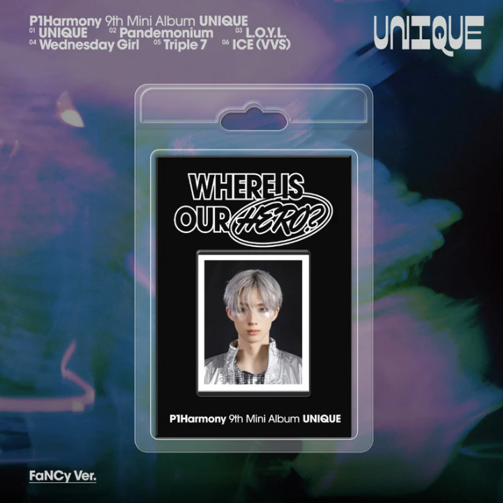 Album packaging for P1Harmony 9th Mini Album UNIQUE Jiung keychain with a colorful gradient background.