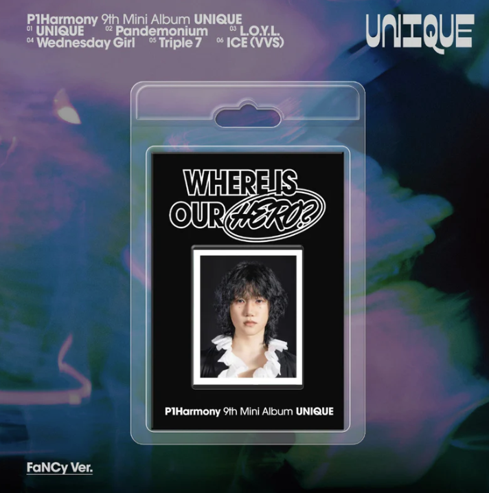 Album packaging for P1Harmony 9th Mini Album UNIQUE Jongseob keychain with a blurred colorful background
