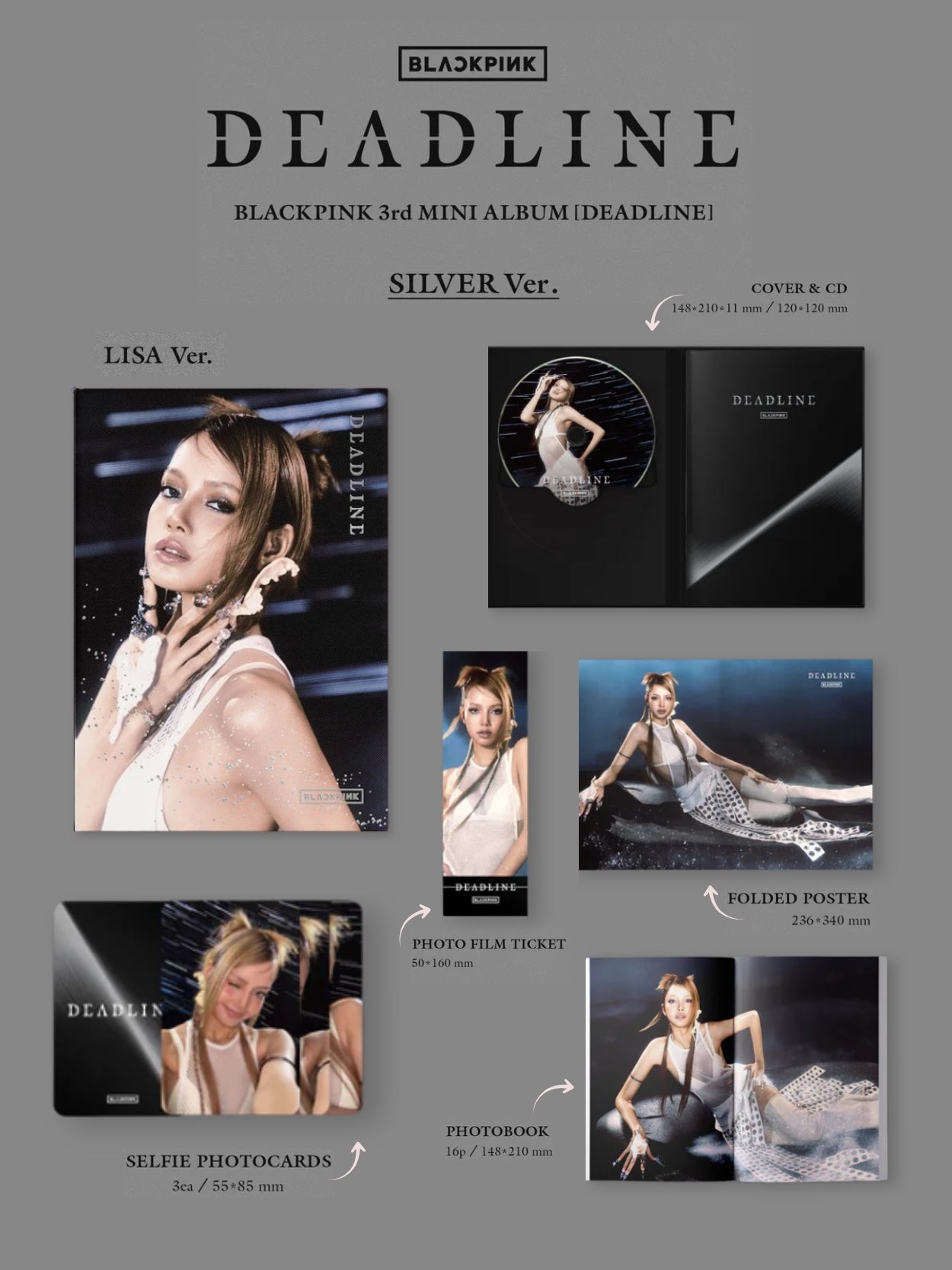 Blackpink 3rd mini album 'Deadline' packaging with various items on a gray background for member Lisa