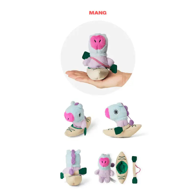 Colorful BTS BT21 Mang plush toy in a kayak from all angles on a white background