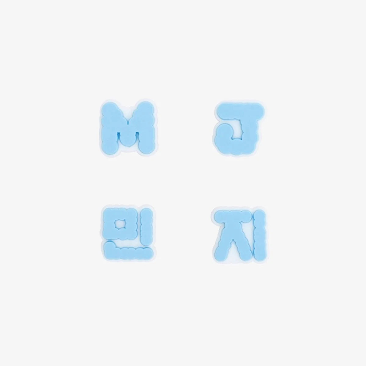 Four letter-shaped New Jeans lightstick accessories on a white background