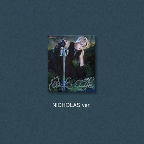 &Team Back to Life Album cover with member Nicholas holding a sword on a dark blue background