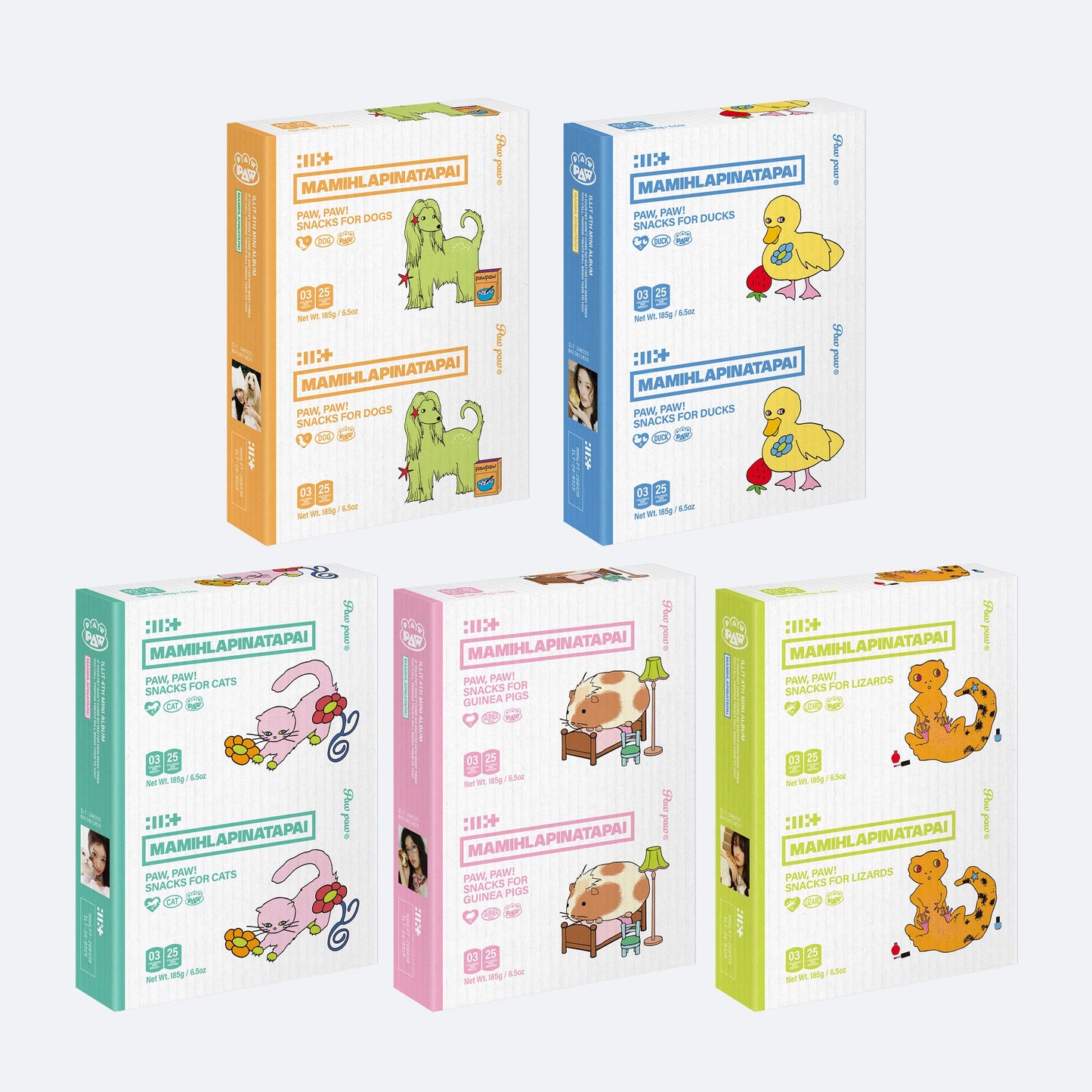 Set of six colorful boxes with cartoon animal illustrations on a white background for Illit's Paw Paw Mamihlapinatapai