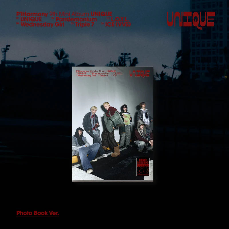 K-pop boy group P1Harmony 9th mini Album Unique cover with a group of people against a dark cityscape background