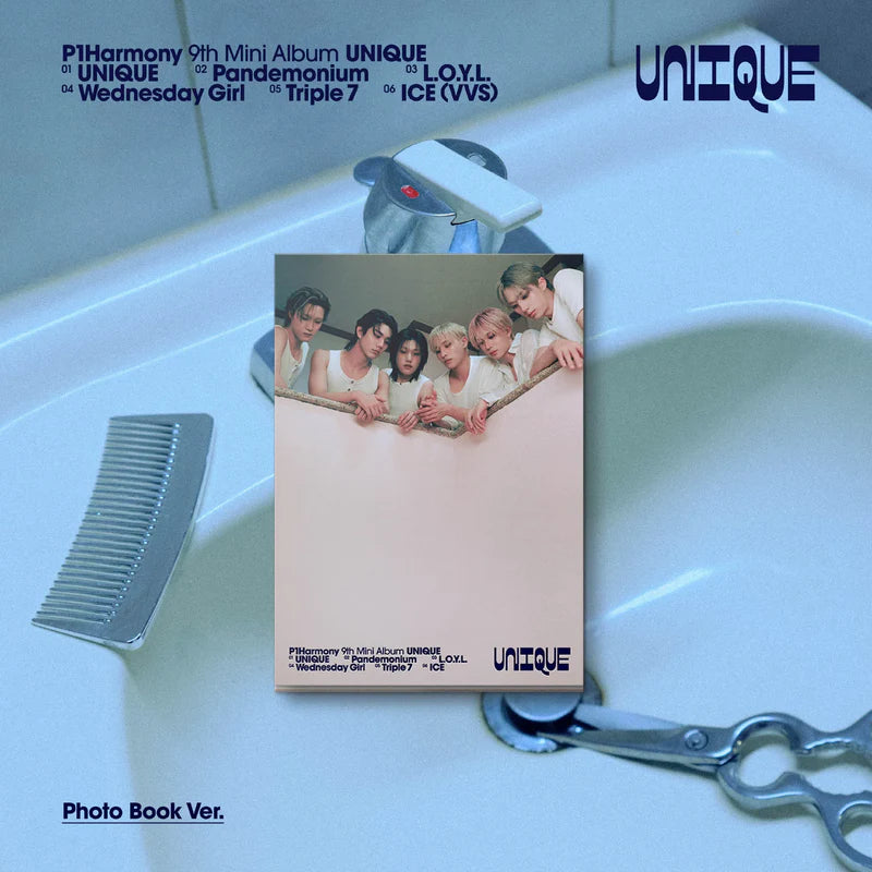 K-pop boy group Album cover of P1Harmony's 9th mini album 'UNIQUE' on a bathroom sink with a comb and scissors.