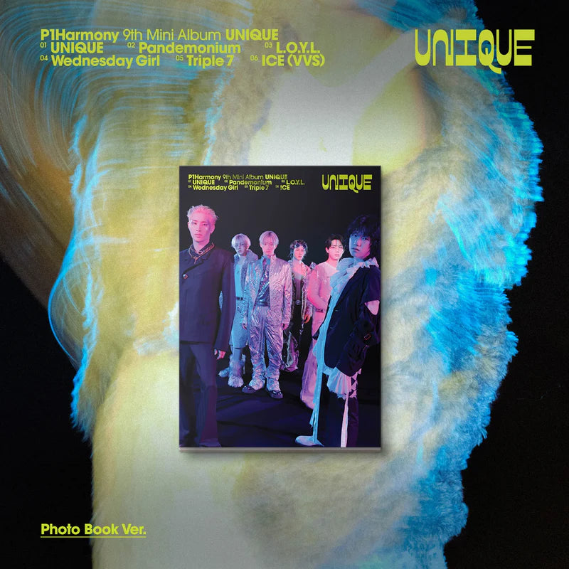 K-pop boy group P1Harmony 9th mini Album Unique cover with band members and text on a decorative background