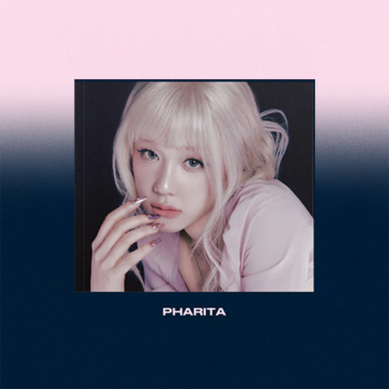 Person with light-colored hair and a blurred background with 'PHARITA' branding.