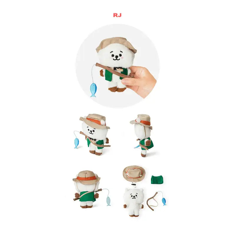 BTS BT21 RJ plush in a hat and green outfit, with fishing accessories on a white background.