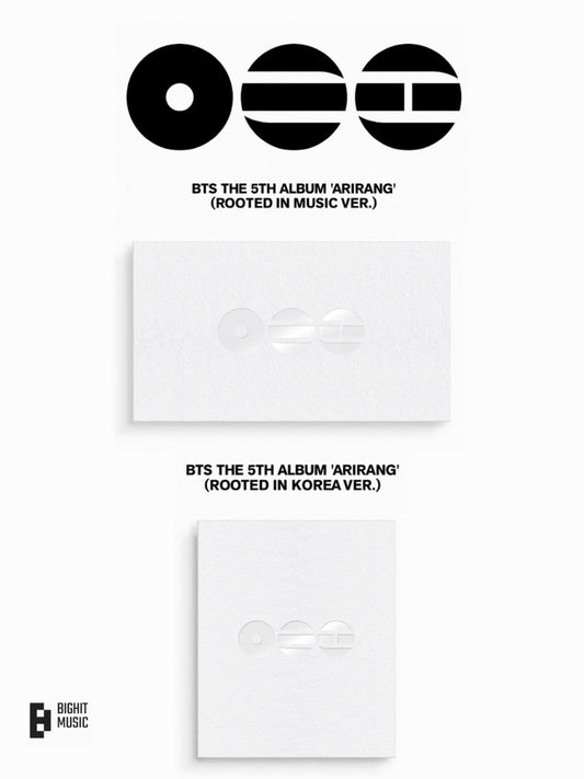 Album cover for BTS 5th album 'Arirang' with black text on a white background