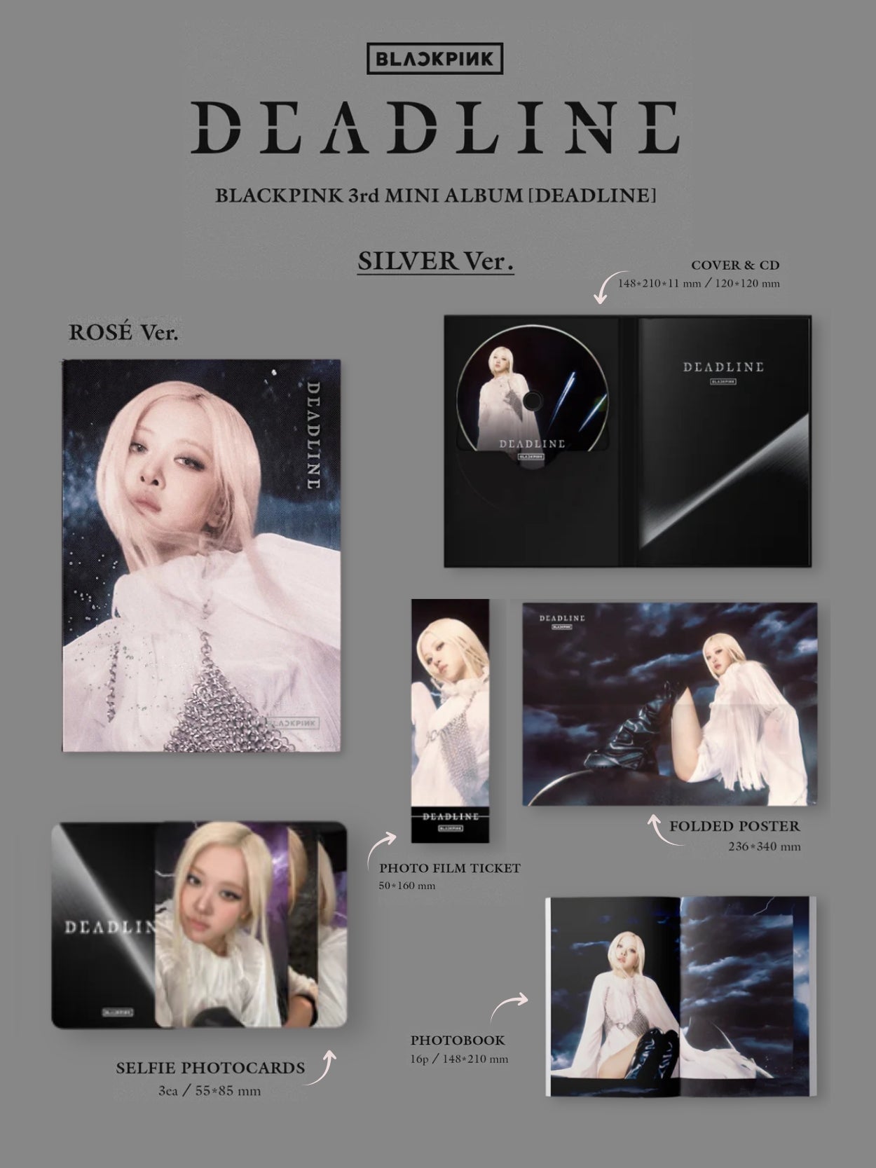 Blackpink 3rd mini album 'Deadline' packaging with various items on a gray background for member Rose