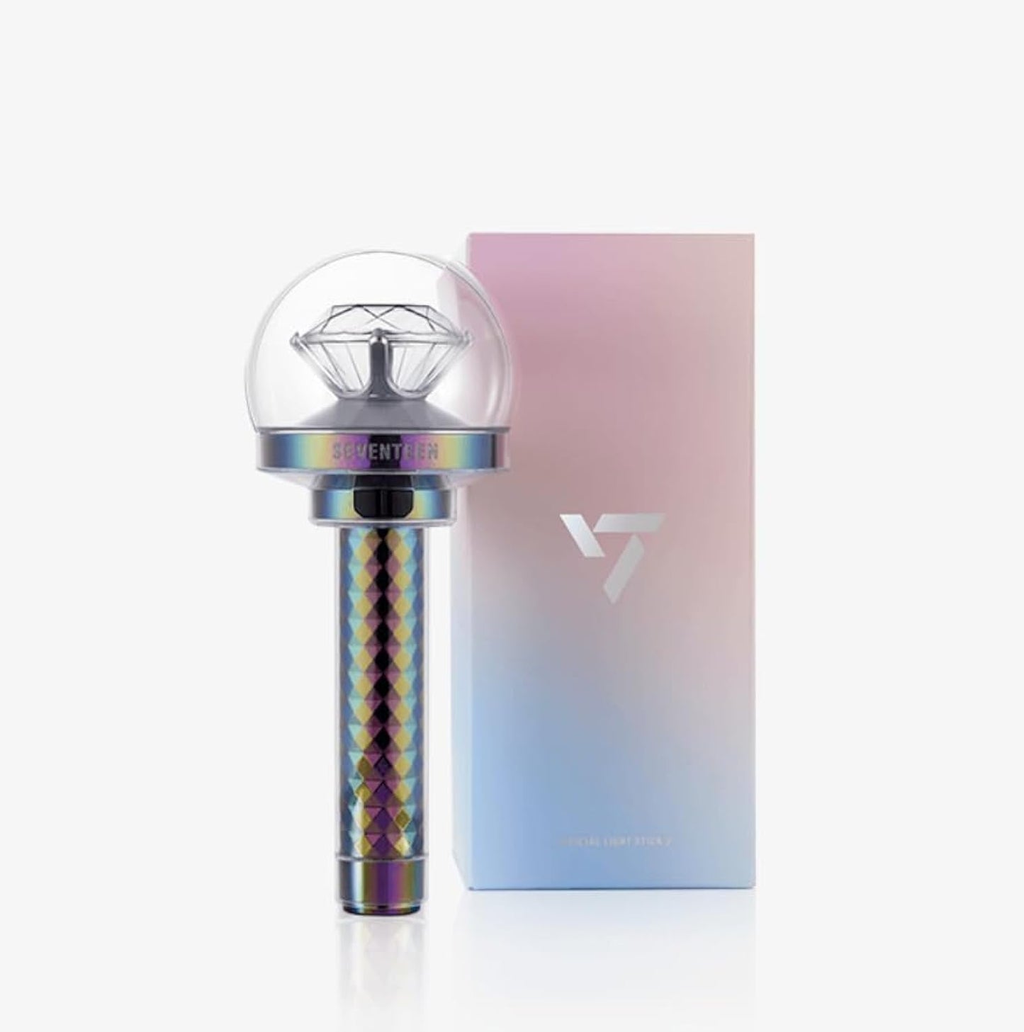Colorful lightstick device for Seventeen with a transparent top section on a gradient pink and purple background