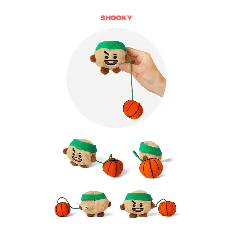 Plush BTS BT21 Shooky toy with a character holding a basketball from all angles