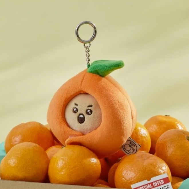 BTS BT21 Shooky Plush keychain shaped like an orange with a face, surrounded by real oranges on a light green background.