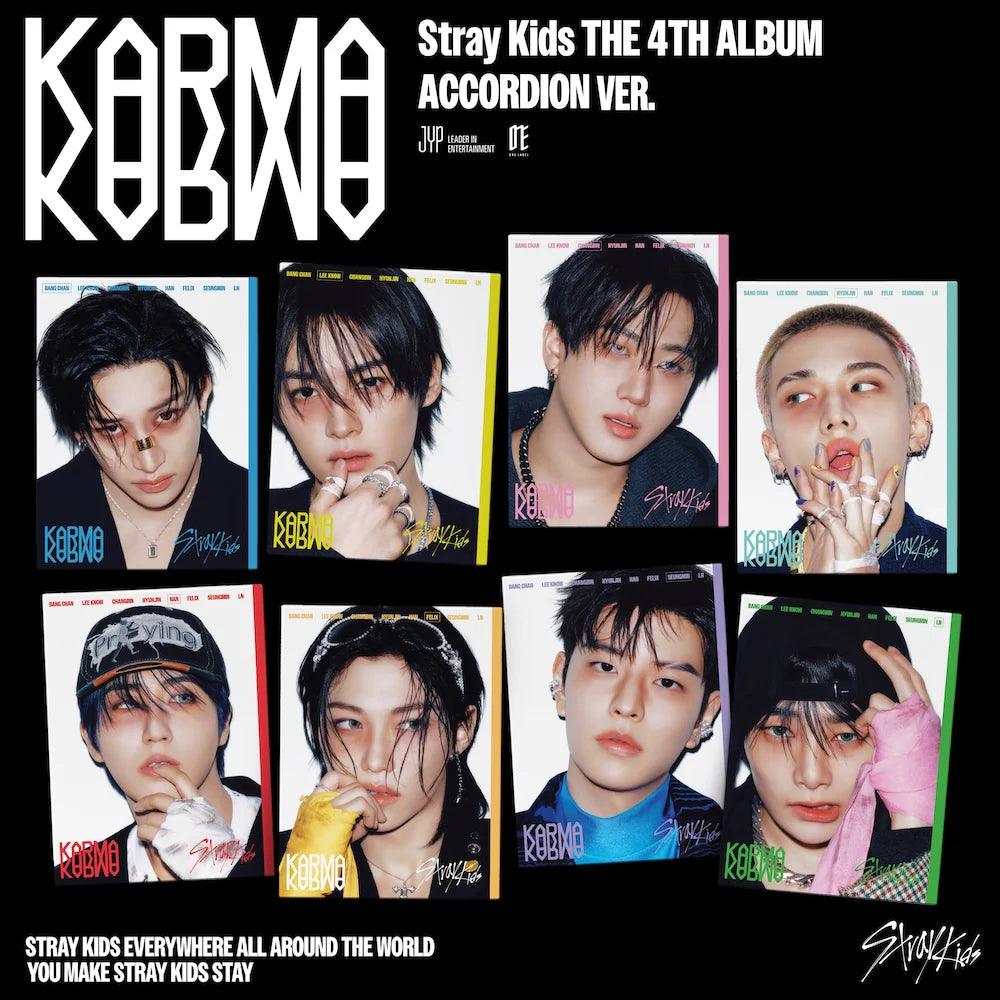 Promotional image for Stray Kids' 4th album 'Karma' with album cover images.
