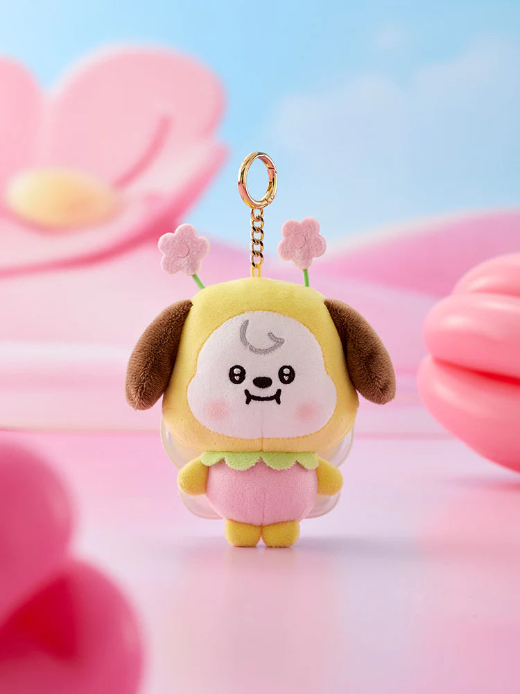 BTS BT21 Chimmy Plush keychain with spring fairy cartoon character on a soft pink and blue background